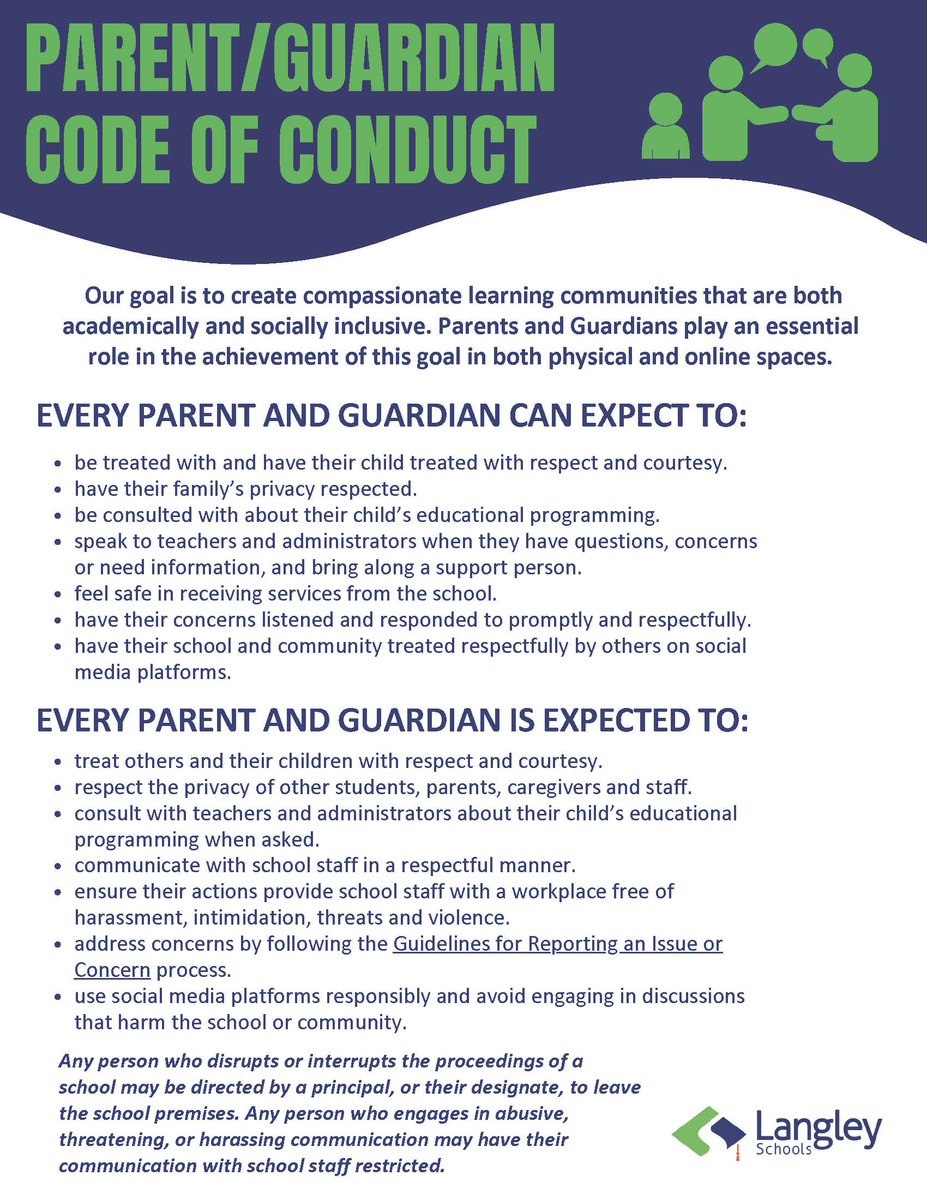 LangleySchools's tweet photo. Families play an important role in helping students achieve success. Just as students are expected to follow the District’s Student Code of Conduct, there is an expectation for parents/guardians to uphold the District’s Parent/Guardian Code of Conduct: https://t.co/KdN4vcBaxS https://t.co/VnqzVHvEHh