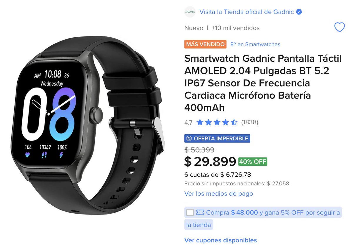RadarOfertasAR's tweet photo. 🔥 GADNIC: UNO DE LOS SMARTWATCHES MÁS VENDIDOS, ¡40% OFF!

Antes: $50.399
Ahora: $29.899
👉 https://t.co/zA0N6914ey

Por menos de $30 mil, viene con:
✅ Pantalla táctil de 2,04"
✅ Llamadas y notificaciones
✅ Sensor cardíaco y modos deportivos

+10 mil vendidos. Tienda Oficial Gadnic.
¡Mirá la oferta en Mercado Libre!
👉 https://t.co/zA0N6914ey