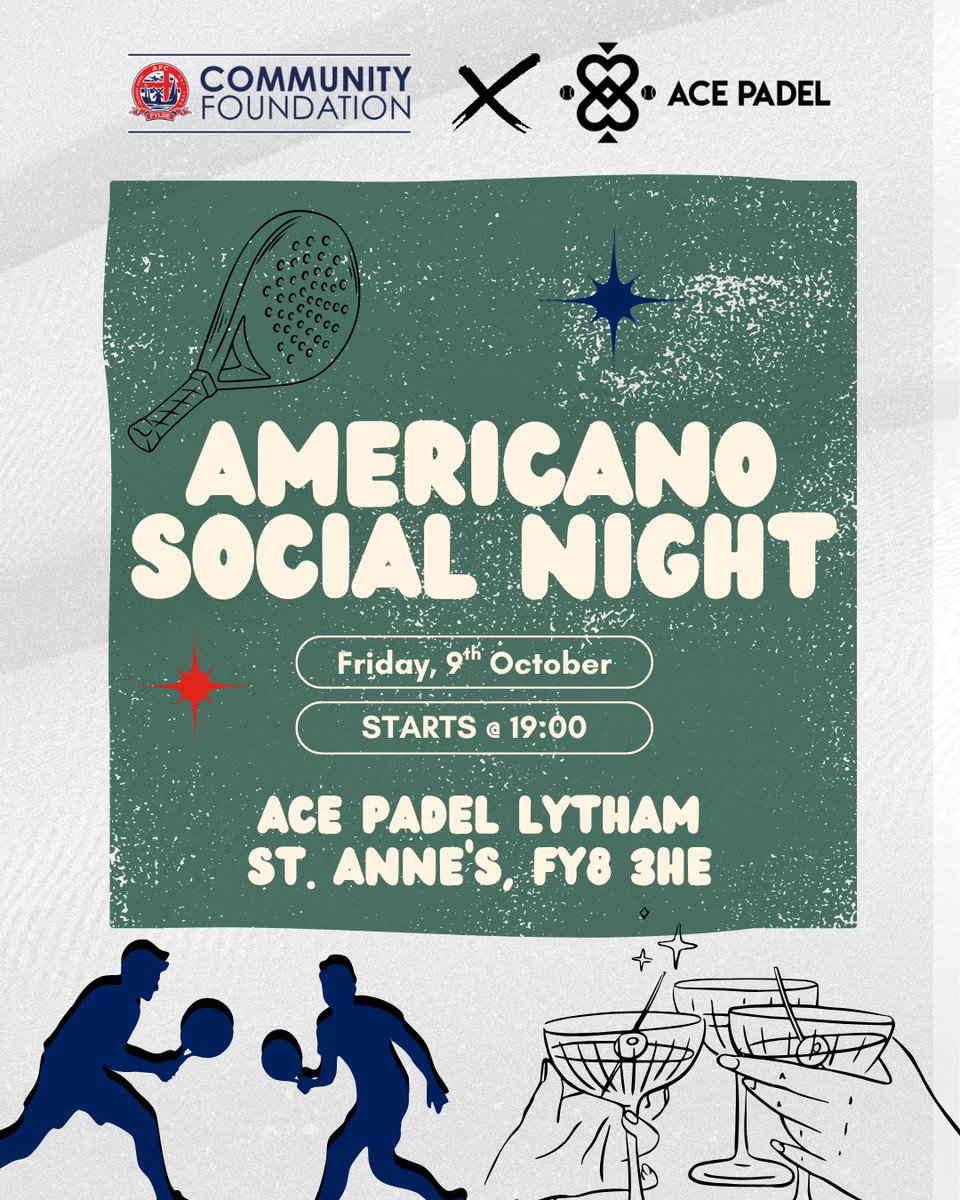 AFCFyldeFDN's tweet photo. 📲 Head to Playtomic - Ace Padel LSA, to book onto Ace Padel's Americano Social Night on the night we will be 'Rallying for our Community'!

#AFCFyldeFoundation https://t.co/d9Fy7bVxbS