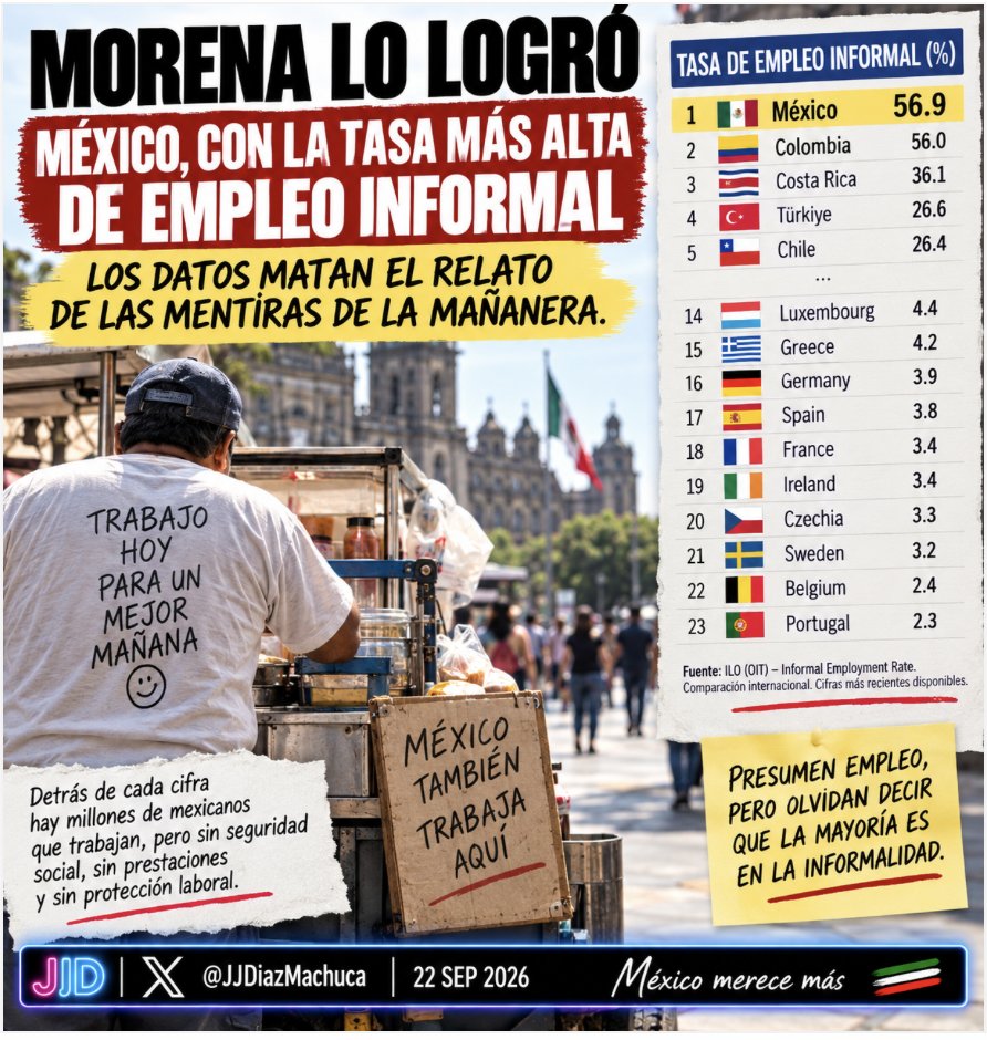 JJDiazMachuca's tweet photo. LOS DATOS TAMBIÉN DEBERÍAN TENER MICRÓFONO EN LA MAÑANERA.

Claudia Sheinbaum (@Claudiashein) presume el bajo desempleo y las cifras de trabajadores ocupados.

Perfecto.

Ahora pongamos sobre la mesa EL OTRO DATO:

🇲🇽 MÉXICO: 56.9% DE EMPLEO INFORMAL.

En la comparación internacional difundida con datos de la OIT:

🇲🇽 México: 56.9%
🇨🇴 Colombia: 56.0%
🇨🇷 Costa Rica: 36.1%
🇹🇷 Türkiye: 26.6%
🇨🇱 Chile: 26.4%

Porque decir que millones de mexicanos “tienen trabajo” cuenta solamente una parte de la historia.

La otra es preguntar:

¿CUÁNTOS TIENEN EMPLEO FORMAL?
¿CUÁNTOS TIENEN SEGURIDAD SOCIAL?
¿CUÁNTOS TIENEN PRESTACIONES Y PROTECCIÓN LABORAL?

Ahí es donde el discurso de la mañanera tiene que encontrarse con la realidad de la calle.

No basta contar cuántos trabajan.

HAY QUE CONTAR CÓMO TRABAJAN.

Y ese 56.9% también merece aparecer en la pantalla de Palacio Nacional.

DATO MATA RELATO.
@Mauricio_35m