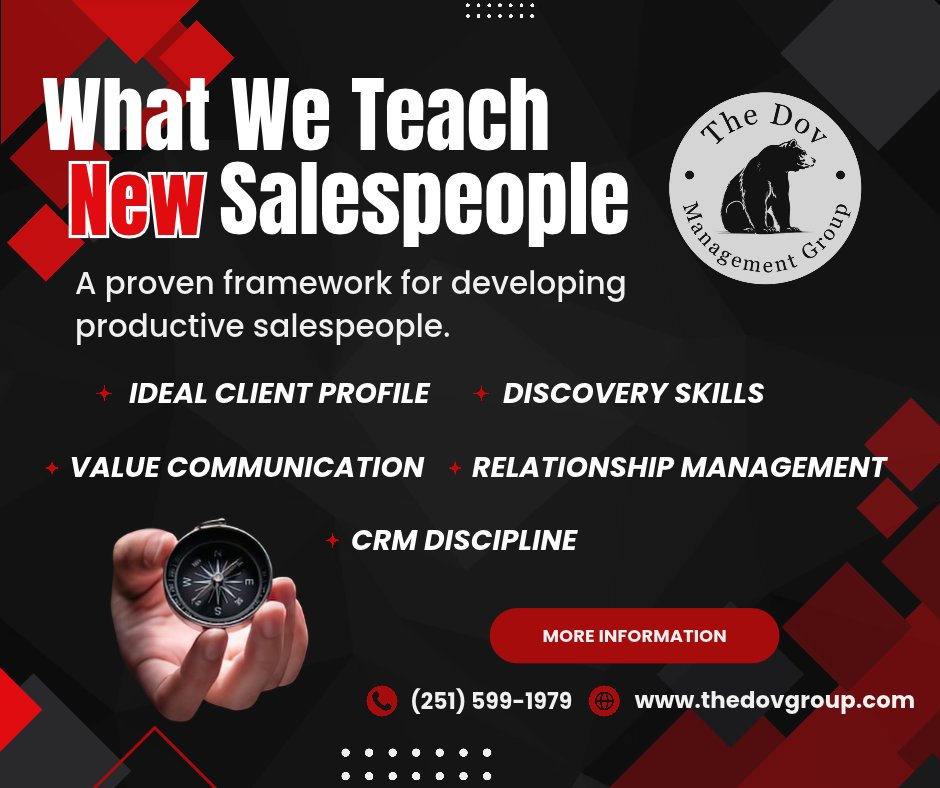 thedovgroup's tweet photo. Week 3: The Framework
@thedovgroup develops salespeople in the areas that directly influence execution and results.
#thedovmanagementgroup #salestraining #salesdevelopment #SalesLeadership #SalesProcess #BusinessDevelopment #PipelineManagement #RevenueGrowth https://t.co/gY1xf2jnAc