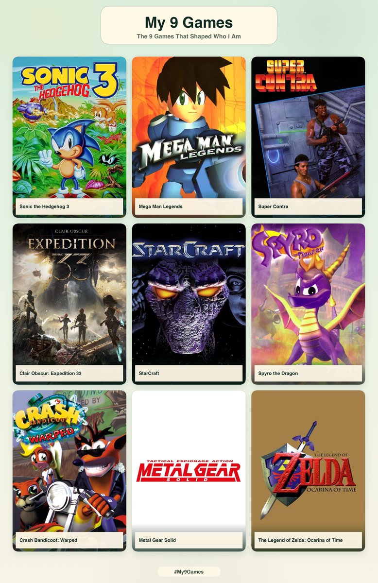 MCKNUX's tweet photo. These are my 9 games that shaped me! I gotta replay half of these games soon 🥹 https://t.co/9qgGgZUgvH