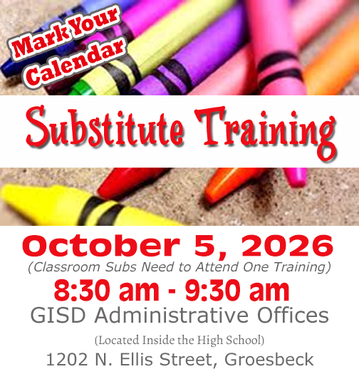 GroesbeckHOW's tweet photo. 📢 Classroom Substitute Training Opportunity!

📅 Monday, October 5, 2026
⏰ 8:30 AM–9:30 AM
📍GISD Administration Office at 1202 N. Ellis, Groesbeck https://t.co/xiSGRHiKUl