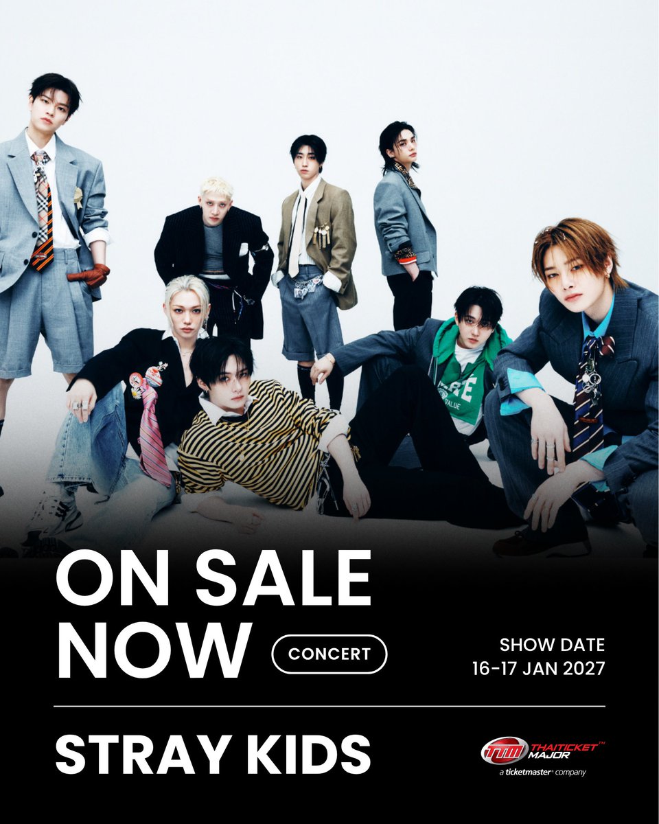 ThaiTicketMajor's tweet photo. TICKETS ON SALE NOW 👊🏻❤️‍🔥

เปิดจำหน่ายบัตรรอบทั่วไปแล้ววันนี้ Stray Kids World Tour <RUN IT BANGKOK> 

📆วันที่แสดง : วันเสาร์ที่ 16 และ วันอาทิตย์ที่ 17 มกราคม 2570
📍สถานที่แสดง : อิมแพ็ค อารีน่า 
⏰เวลาแสดง : 17.00 น.
💰ราคาบัตร 
VIP บัตรนั่ง: 6,900 บาท
VIP บัตรยืน: 6,800 บาท
บัตรยืน โซน STL/STR: 5,300 บาท
บัตรนั่ง: 3,000 – 6,500 บาท
🎫รายละเอียดจำหน่ายบัตร : https://t.co/xKMaF31RWO
☎️TTM Call Center 02-262-3456

#StrayKids #스트레이키즈 #RUN_IT #YouMakeStrayKidsStay #RUN_IT_BANGKOK #RUN_IT_ASIA #Thaiticketmajor #TicketMasterTH