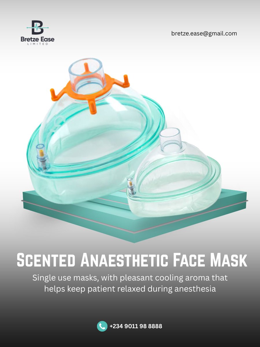 BretzeEase's tweet photo. Scented Anesthetic Face Mask. Its soothing fragrance helps keep the patient calm during anesthesia. 

For quality Specialized ICU and Theatre Breathing Equipment and Consumables, contact us today. 

📩 bretze.ease@gmail.com

📞 +234 9011 98 8888

#oxygenmask #medicalconsumables https://t.co/mNV4Y6aHpD