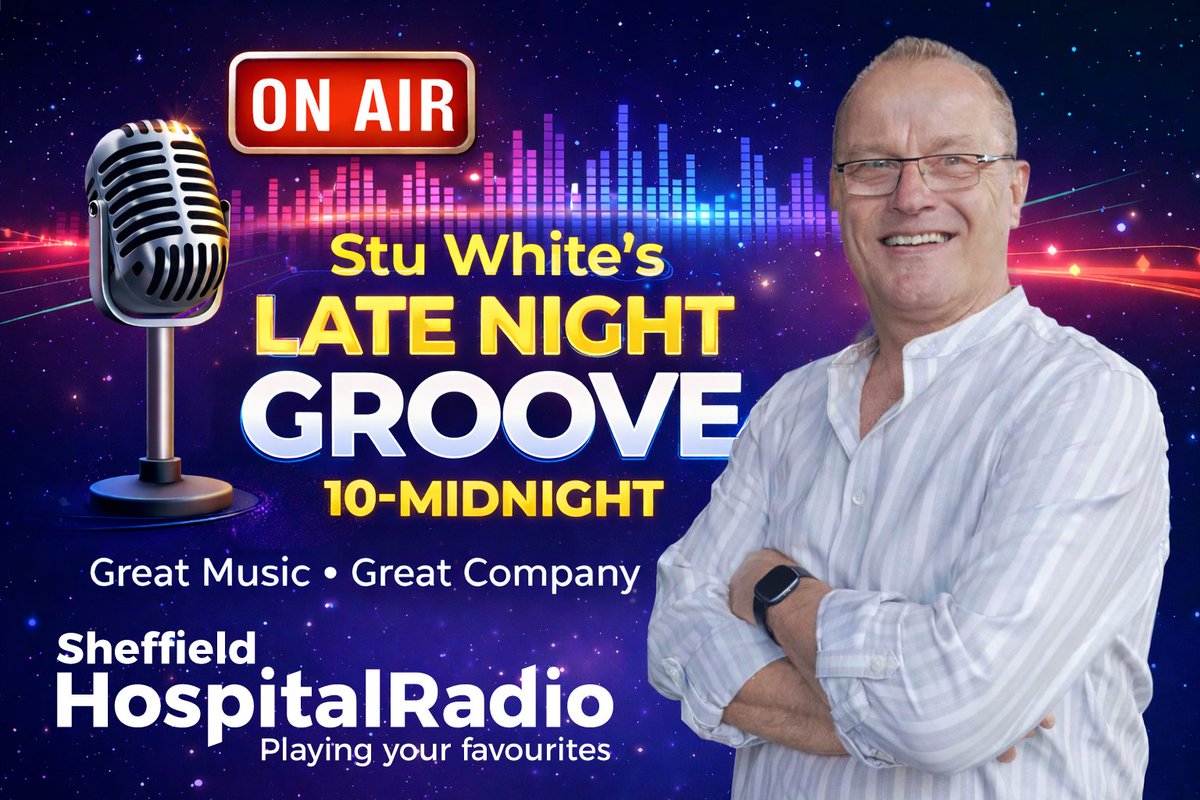 ListenToSHR's tweet photo. Great music. Brilliant “Did You Knows”. And the feature that’ll have you saying… “Hmmmm…” Your perfect late-night soundtrack starts at 10. Don’t miss it. 🎶 #LateNightGroove #StuWhite #LateNightRadio #GreatMusic #DidYouKnow #HospitalRadio #SheffieldHospitalRadio #sheffield https://t.co/U3Tu4KfPwz