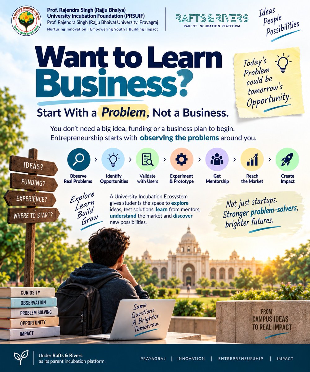 PRSUIF's tweet photo. 💡 Want to learn business? Start with a problem, not a business.

Observe → Validate → Experiment → Learn → Build 🚀

At PRSUIF, Prayagraj, under Rafts &amp; Rivers, students are encouraged to turn real problems into opportunities.

#PRSUIF #RaftsAndRivers #Innovation https://t.co/4E9Tfp3HwR