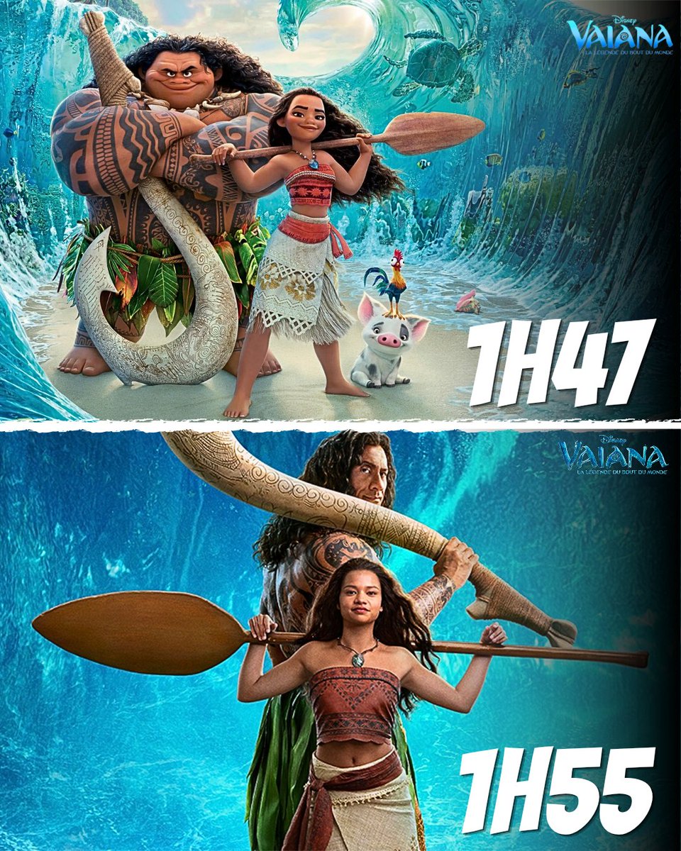DreamSneyPixar's tweet photo. 🌺 VAIANA — ANIMATION VS LIVE ACTION 🌊

🎬 Vaiana (2016)
⏱️ 1h47 | 💰175M$ | 🌍643,5M$ | ⭐7,6/10

🎬 Vaiana — Live Action (2026)
⏱️ 1h55 | 💰250M$ | 🌍≈323M$ | ⭐soon

🆚 Le live action vient de sortir : ses chiffres peuvent encore évoluer

#Vaiana #Moana #Disney #LiveAction https://t.co/tPTw0n5LSR