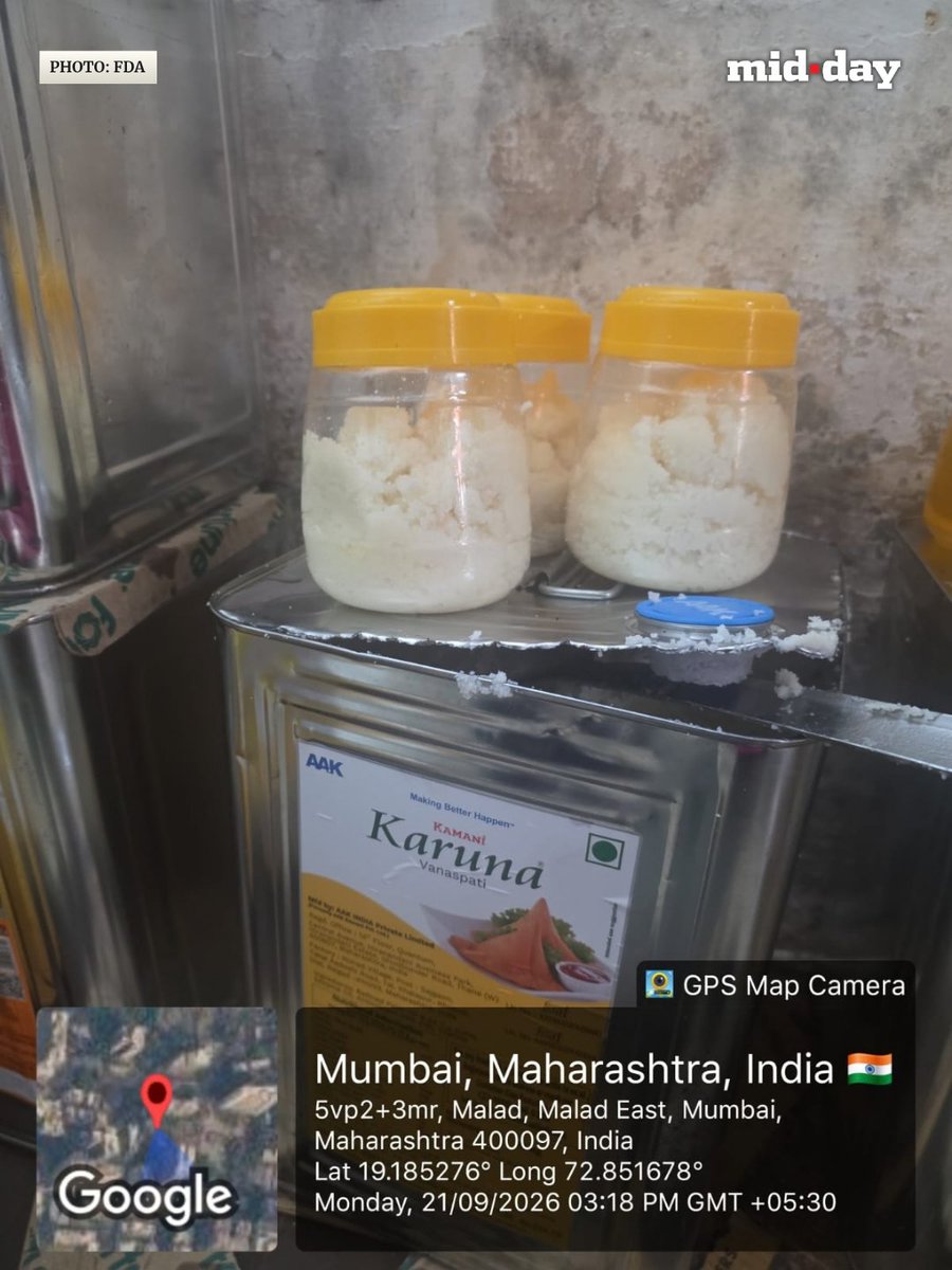 mid_day's tweet photo. The FDA seized around 2,464 kg of adulterated and misleadingly labelled ghee, refined sunflower oil and vanaspati from Gurukrupa Dairy Products in Malad East.

Officials found the ingredients being blended to make counterfeit ghee, while rats and cockroaches were also found on the premises. The licence was suspended.
