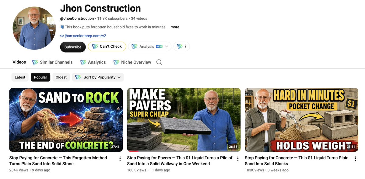 SubscribrAI's tweet photo. NICHE LEAK

He made the same video five times and you can watch the title learn.

Jhon Construction. 11,800 subs, 34 videos, 1 million views. Seven weeks old. One ebook in the bio.

Same topic every time. A $1 liquid that turns sand into blocks. Watch the order.

Aug 22: "Why Don't Seniors Use This $1 Liquid That Turns Sand Into Blocks Stronger Than Concrete?" — 102,000.

Aug 25: "Why Don't Contractors Use This $1 Liquid..." — 51,000. He swapped seniors for contractors and lost half his views.

Sep 1: "Stop Paying for Concrete — This $1 Liquid Turns Plain Sand Into Solid Blocks" — 103,000. He dropped the question and opened with a command.

Sep 11: "Stop Paying for Pavers — This $1 Liquid Turns a Pile of Sand Into a Solid Walkway in One Weekend" — 168,000. He added the finished thing and how long it takes.

Sep 13: "Stop Paying for Concrete — This Forgotten Method Turns Plain Sand Into Solid Stone" — 234,000.

102K. 51K. 103K. 168K. 234K.

Five versions. Four lessons, and every one of them is written in the numbers.

Seniors beat contractors 2 to 1. Your audience is the guy paying the bill, not the guy sending it.

"Stop paying for" beat "Why don't people use." A command beats a question.

Adding the outcome and the timeframe was worth 65,000 views. Not sand into blocks. A walkway, this weekend.

And the last one dropped the price entirely and replaced it with "Forgotten Method." That was worth another 66,000.

Most people post a video, it does 51,000, and they decide the topic is dead. He posted it five times in three weeks and more than doubled the original.

The topic was never the problem. The sentence was.

You can run the whole thing in Subscribr. Idea, script, thumbnail, avatar, finished video, every channel in one place.

Link in bio.