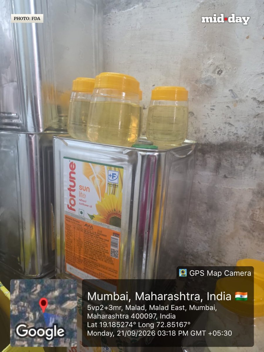 mid_day's tweet photo. The FDA seized around 2,464 kg of adulterated and misleadingly labelled ghee, refined sunflower oil and vanaspati from Gurukrupa Dairy Products in Malad East.

Officials found the ingredients being blended to make counterfeit ghee, while rats and cockroaches were also found on the premises. The licence was suspended.