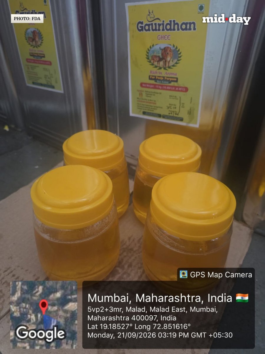 mid_day's tweet photo. The FDA seized around 2,464 kg of adulterated and misleadingly labelled ghee, refined sunflower oil and vanaspati from Gurukrupa Dairy Products in Malad East.

Officials found the ingredients being blended to make counterfeit ghee, while rats and cockroaches were also found on the premises. The licence was suspended.