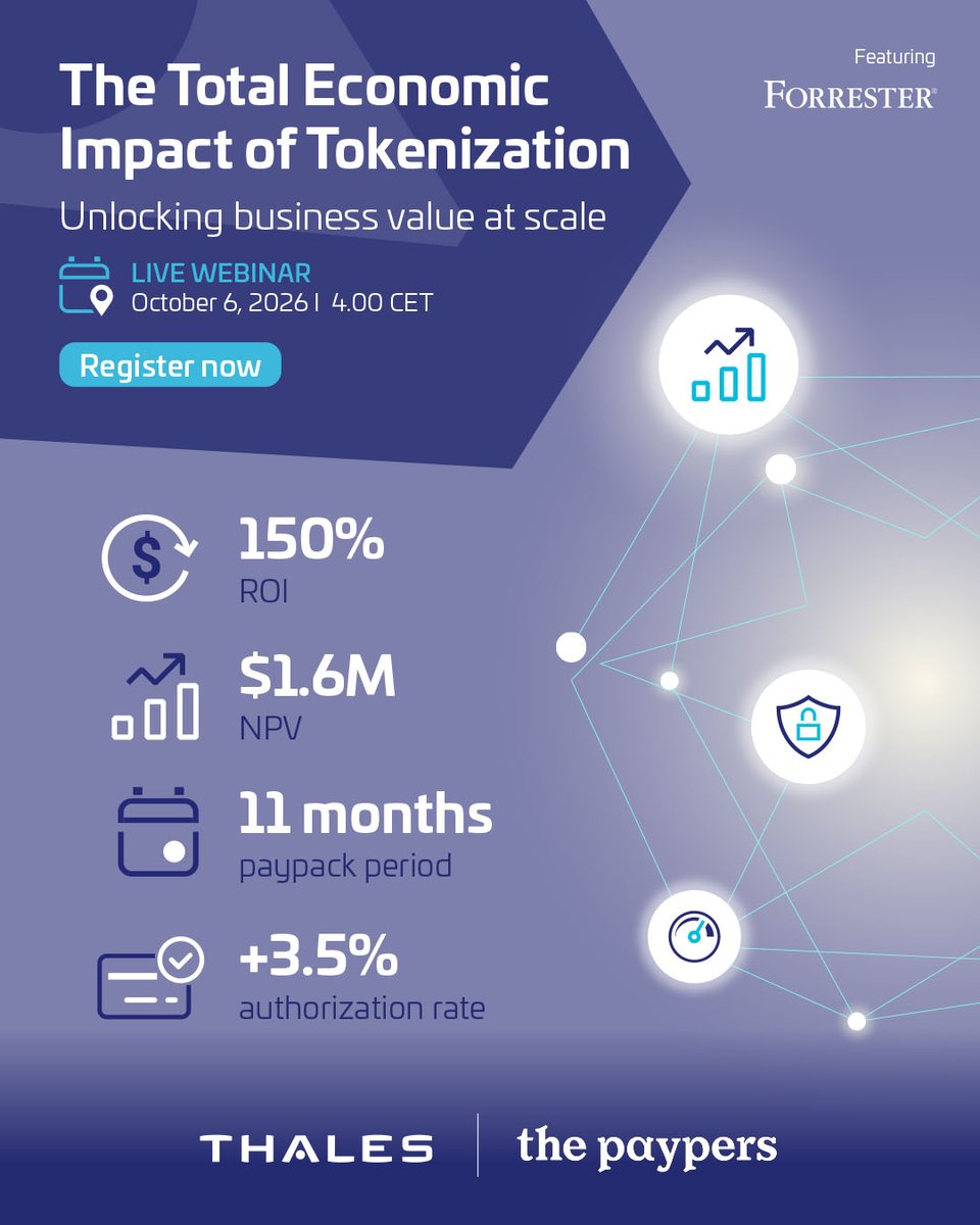 ThalesDigiSec's tweet photo. Is your tokenization strategy ready for what's next?

Join Thales, Forrester and The Paypers Live webinar on October 6,  4pm CET to explore the changing #tokenization landscape and what financial institutions can do today to prepare for tomorrow.

https://t.co/OvsHsRKH6A https://t.co/RMYGzPPeTS