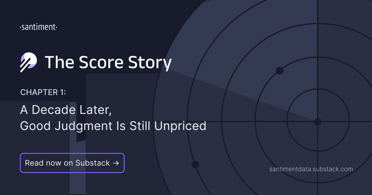 SantimentData's tweet photo. 🔮 Good judgment about the market is still unpriced, unowned, and captured by whoever has the largest (or loudest) audience.

🎤 @balance_ra, Santiment’s founder, on how Santiment actually got here — the journey from data to intelligence to ownable reputation, and what lies ahead.

This is Chapter 1 in the series about @ScoreArenaAI, our alpha allocation platform where trading skill is decoupled from capital and rewarded by the community.

👉 Read now, more to come: https://t.co/CQMOM04OJh