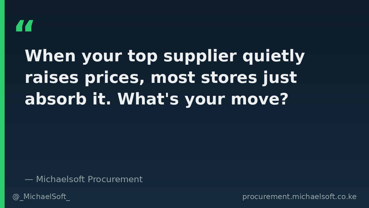 _MichaelSoft_'s tweet photo. When your top supplier quietly raises prices, most stores just absorb it. What's your move — renegotiate, find a cheaper source, or accept the margin hit? Retailers: which happens first? https://t.co/tqSX5yPhiB