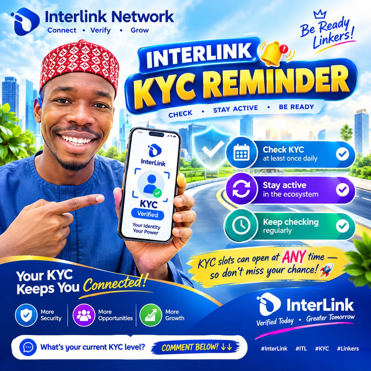 Surajescort2023's tweet photo. Stay ready, Linkers! 🔔💙 Keep your KYC updated, stay active, and don’t miss your opportunity. Together, we connect, verify, and grow with InterLink. 🚀✨

#InterLink #ITLG #ITL #WeAreTheFirst10MLinkers https://t.co/3xRvuny3YH