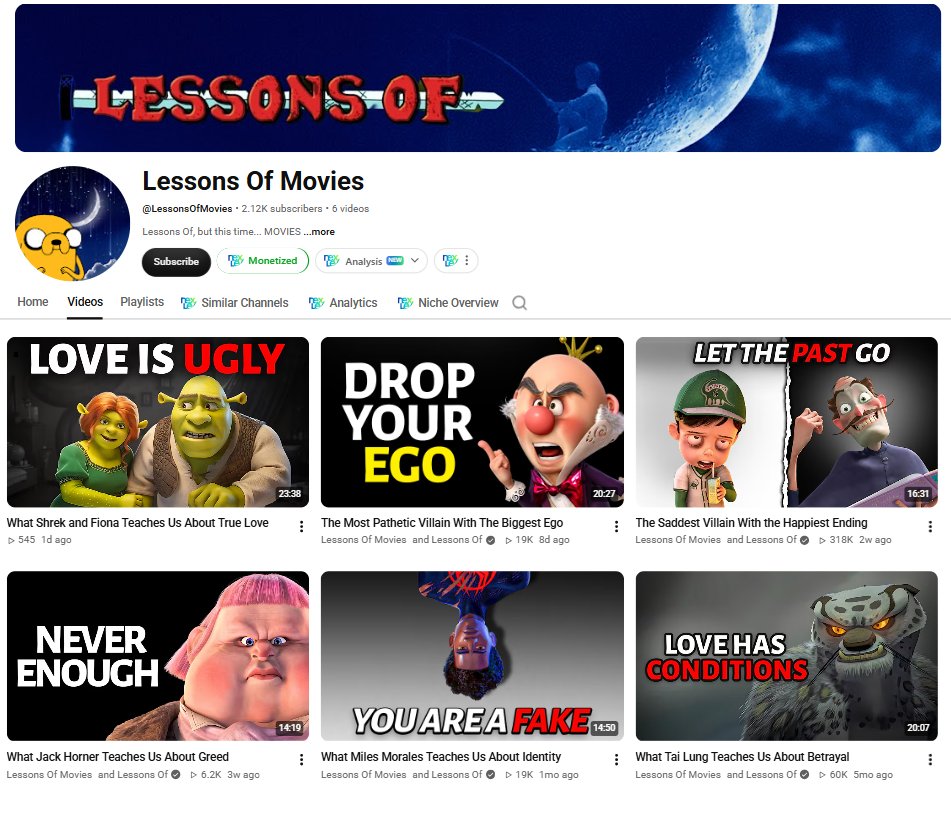 DailyYTNiches's tweet photo. NICHE LEAK! 🚨

This channel is turning movie characters into lessons about life

One video reached 317K views with only 6 uploads

2.11K subscribers

The format is simple: popular movies + relatable life lessons + recognizable characters

A niche worth trying to! https://t.co/aVSiMp2aqk