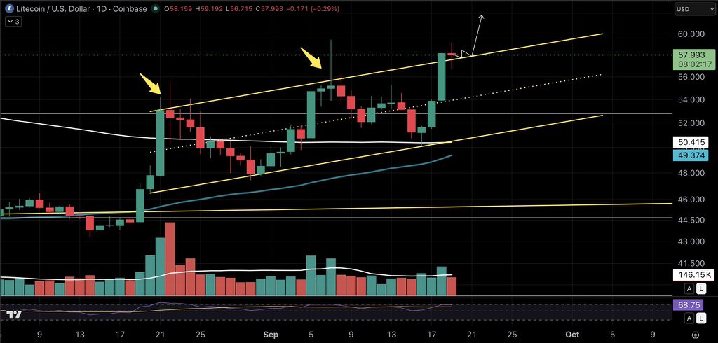 _XRPath0logist's tweet photo. $LTC has retested the upper rail of this rising, parallel channel on the daily and held up to this point. Two previous times the retest failed and it fell back into structure.

We want to see this level accept price above the rail before moving on to higher prices. https://t.co/Or01zHxRHc