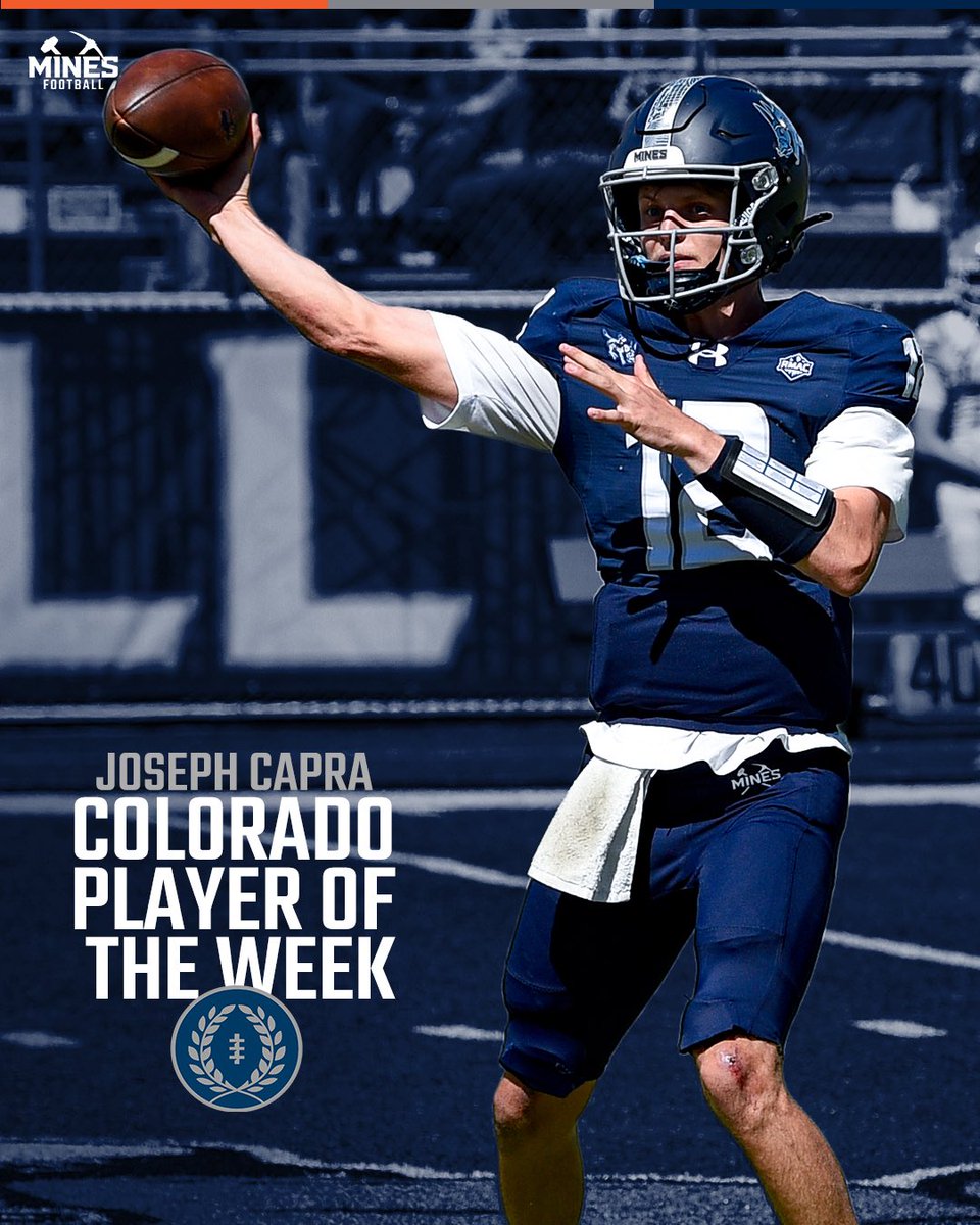 MinesFootball's tweet photo. Cap is the NFFCC Colorado Player of the Week!

⚒ 322 total offensive yards
⚒ 3 passing TDs
⚒ Career-high QBR 219.67

#HelluvaEngineer⚒ https://t.co/Oe54ffH7p3