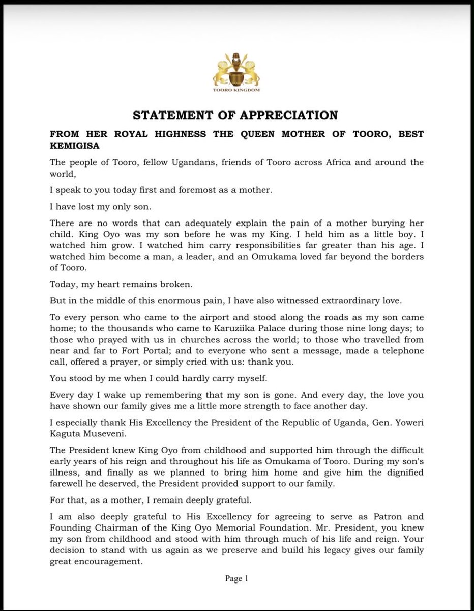 QueenOlimi's tweet photo. STATEMENT OF APPRECIATION FROM HER ROYAL HIGHNESS THE QUEEN MOTHER OF TOORO, BEST KEMIGISA. https://t.co/BZF2AXnzHN