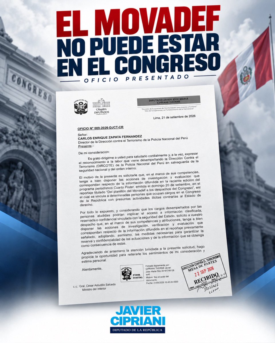 JavierCipriani_'s tweet photo. He presentado un oficio ante la Dirección Contra el Terrorismo de la Policía Nacional del Perú para solicitar que, dentro de sus competencias, se investigue, verifique y evalúe la información difundida sobre personas que ocupan cargos en el Congreso y que estarían presuntamente vinculadas al planillón del Movadef.

Quienes tienen acceso a información reservada o vinculada con la seguridad del Estado deben estar sujetos a los más altos estándares de transparencia y responsabilidad.

La seguridad nacional exige acciones firmes, responsables y dentro de la ley.
#JavierCipriani