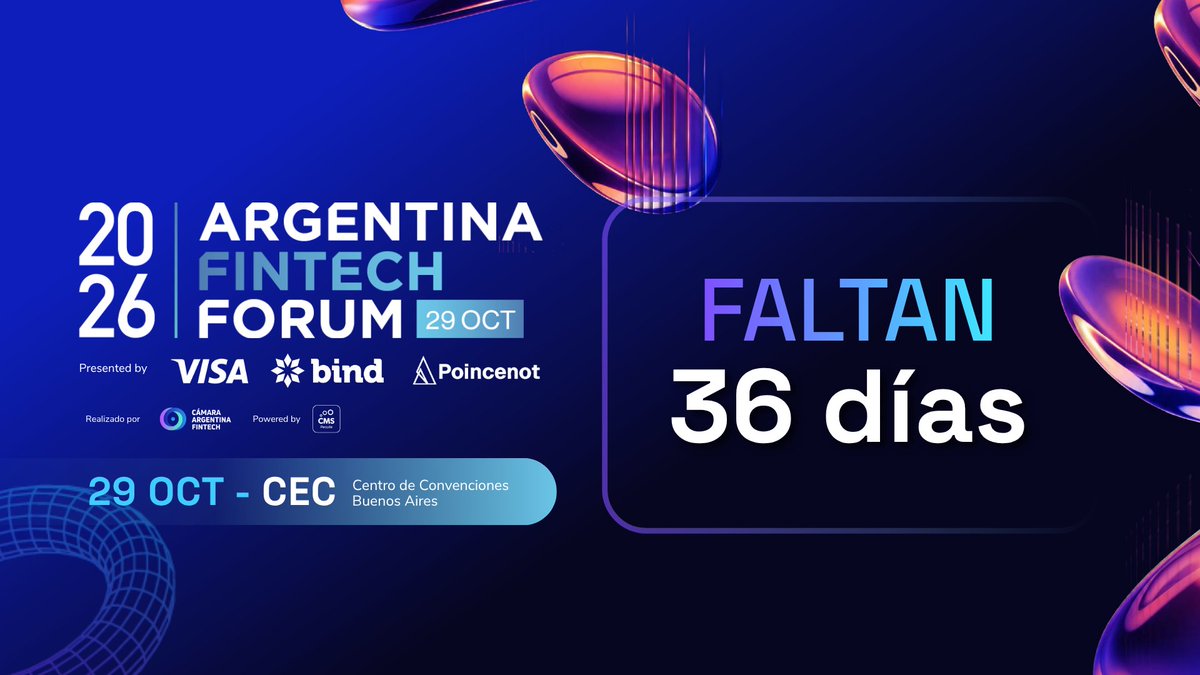 CamaraFintechAr's tweet photo. 🚀 La cuenta regresiva del #AFF2026 ya arrancó: faltan 36 días para el encuentro más importante del año para la industria financiera argentina.

El jueves 29 de octubre nos volvemos a encontrar en el Centro de Convenciones de Buenos Aires bajo el mismo eje: Infraestructura para la nueva economía, con pagos, blockchain, regulación, crédito e inversión sobre la mesa en una sola jornada.

Conocé más acá: https://t.co/bk8LsX5eSJ

Presented by @Visa , @bindARG  y @poincenotstudio 

¡Nos vemos ahí!

@tecweekar