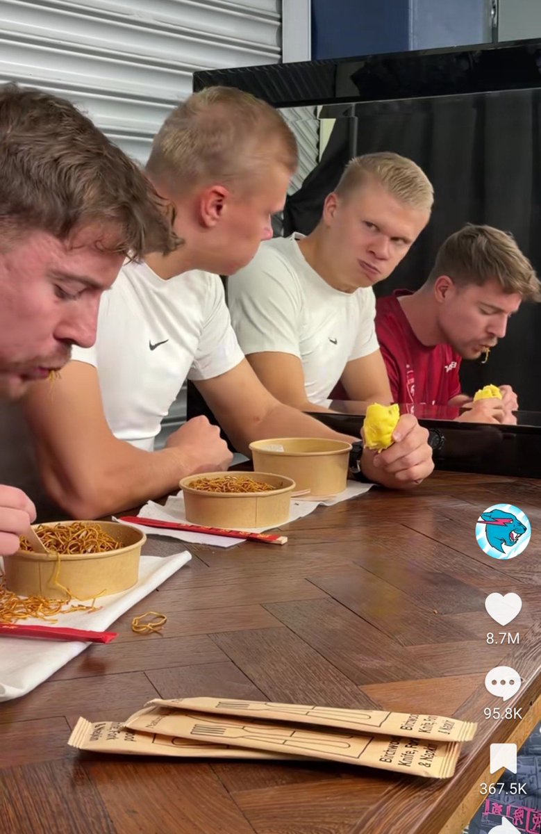 BeastNews2026's tweet photo. @MrBeast recently uploaded TikToks with soccer player Erling Haaland, which have gone viral. In one, Haaland recreated the AI meme of him scared by his reflection, and it has 80M views. You can thank MrBeast's new Head of Tiktok Anton Pirisi for all these recent short-form hits! https://t.co/MvvKL2jvjn