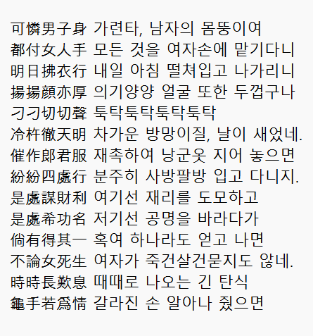 SER32903633's tweet photo. 독박 가사 노동에 대한 19세기 조선의 한시

요약:

남자새끼들
여자한테 다 맡겨 놓고 
맨날 낯짝 두껍게 잘난척만 하고 다닌다
이새끼들은 하는 것도 없으면서 
집에서 여자가 독박 가사 육아 하느라 죽든 말든 신경도 안 쓰고 지 좋을대로만 쳐 하고 다닌다
반성하자 남자새끼들아
나도 남자다 https://t.co/plmqJ7n2hx