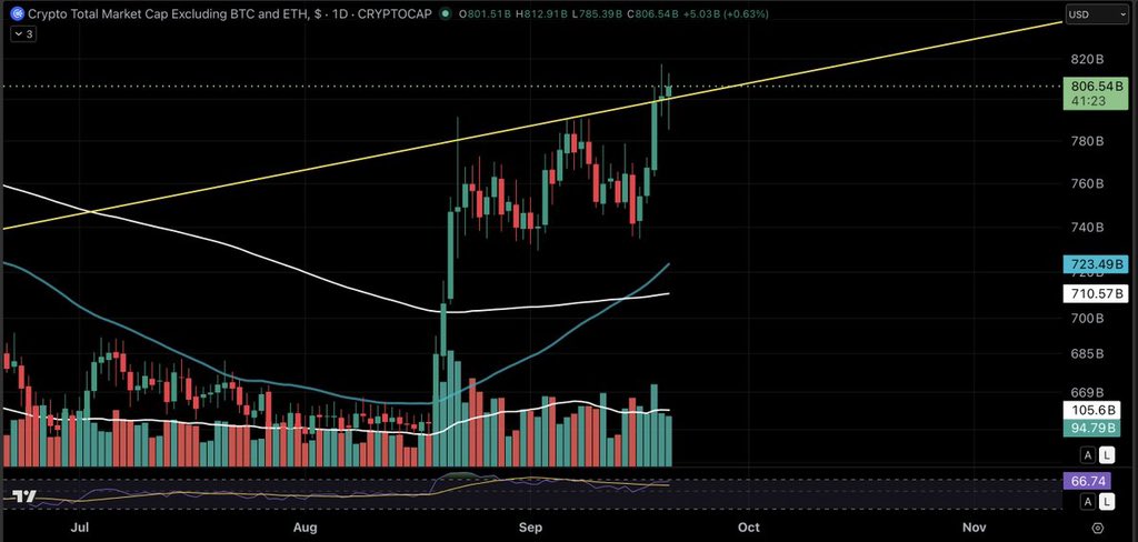 _XRPath0logist's tweet photo. After falling below the lower rail of the macro, ascending triangle structure, $TOTAL3 has worked itself back above that rail. As with Litecoin, a close above this rail on the weekly shows strength. Total 3 is showing more strength than $TOTAL and $TOTAL2 so this is the group https://t.co/w24OdWJVvN