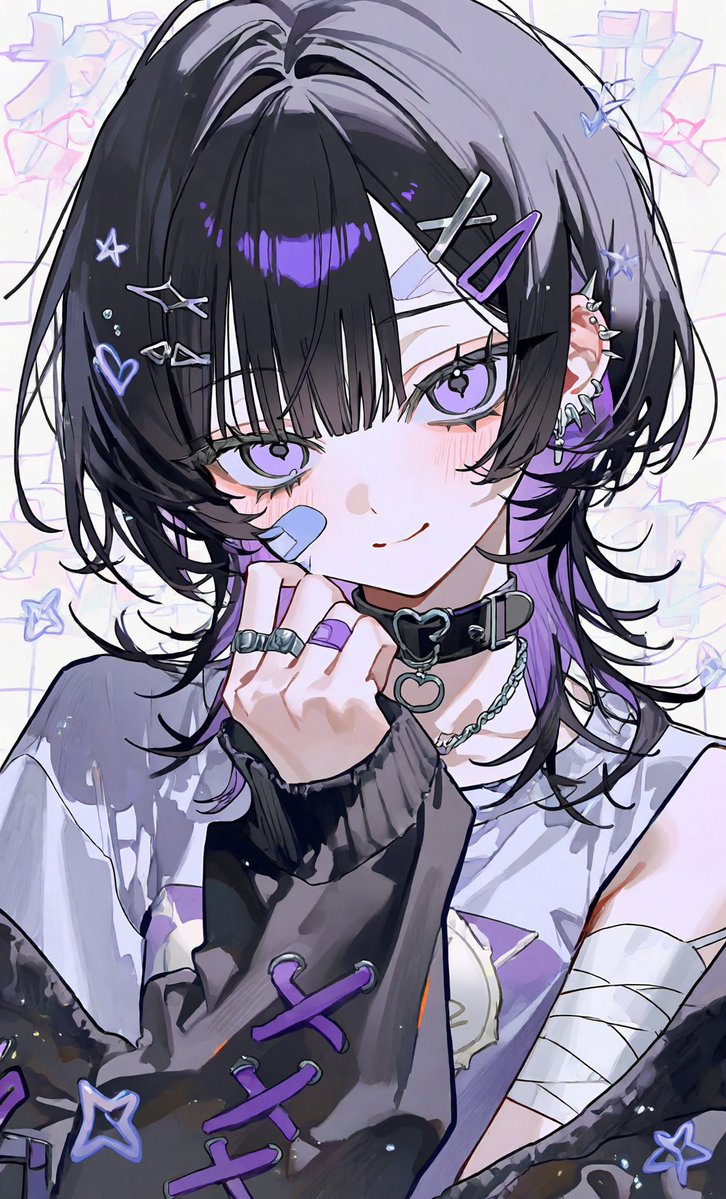 TanakatoSuzuk's tweet photo. もうおれクレジットないんだよおねがい。あとおれクッソ簡単だからここで書く

女性、小さい胸、黒髪ウルフカットのインナー紫、紫色の瞳、チョーカーとピアスをしている、絆創膏をしている、小さい胸 https://t.co/gVlcYmSmMU