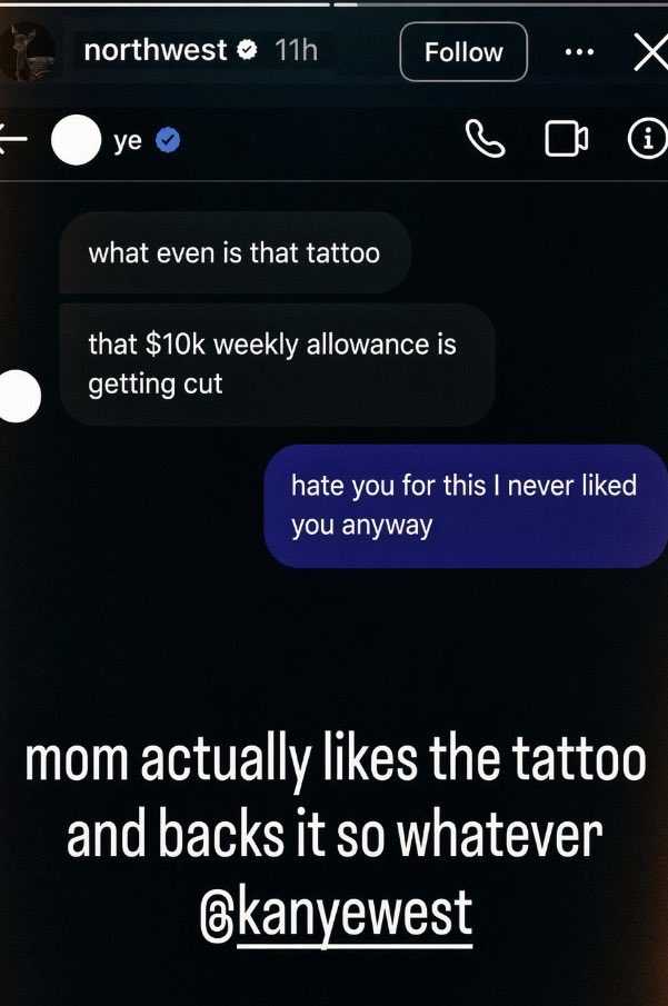 _its_precious1's tweet photo. 13-year-old North West posted photos with boyfriend Ken Carson after getting a new tattoo, plus screenshots of texts from Kanye West cutting off her $10,000 weekly allowance. She said her mom supports it and she’s old enough to do what she wants. https://t.co/mH79qpr88D