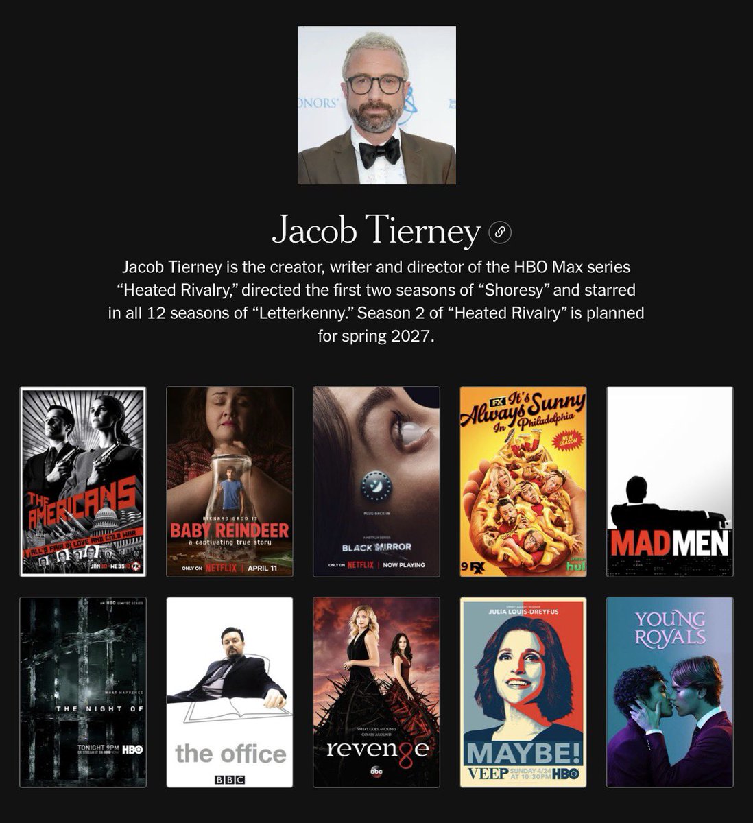 jtierneyupdates's tweet photo. Jacob Tierney shared his Top 10 Favorite TV Shows of the 21st Century with The New York Times! His choices include: Young Royals, The Office (UK), Black Mirror, It’s Always Sunny In Philadelphia, The Americans, Baby Reindeer, Mad Men, The Night Of, Revenge, and Veep. https://t.co/ysQMhIRDW8