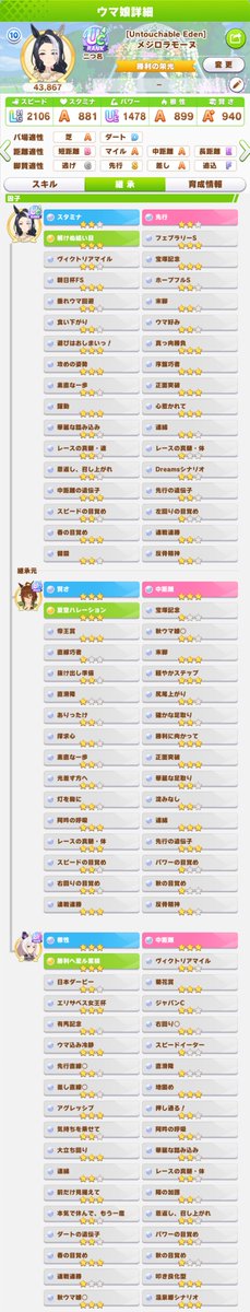 arkong444's tweet photo. 凱旋門賞/エリ女チャンミ向けの因子紹介します
代表ウマ娘 メジロラモーヌ（嫁）
スタ2 根性3 賢3 中距離6 先行2
連綿7 阿吽5  真髄体6 先行の遺伝子5 など
祖に水タキメカハヤ固有3
先行（アモアイ）向け
祖のタキオン結構いい因子だと思う。
ID 271491536
#ウマ娘 https://t.co/blf1PjEfj8