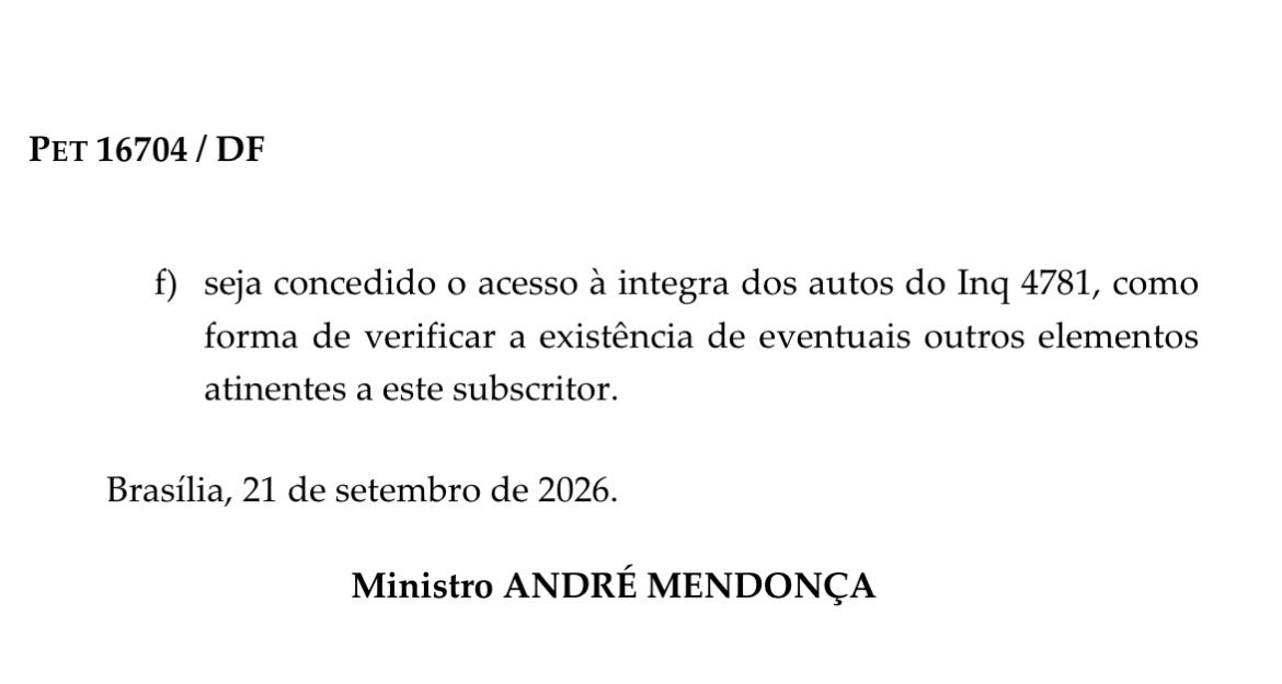 Fa1ryNight's tweet photo. CARA********* 

Mendonça solicitou ACESSO TOTAL ao Inquérito das “Fakenews” no despacho enviado a Fachin.

“… reputa-se imprescindível o acesso à íntegra daqueles autos, como forma de verificar a existência de eventuais outros elementos atinentes a este subscritor.”