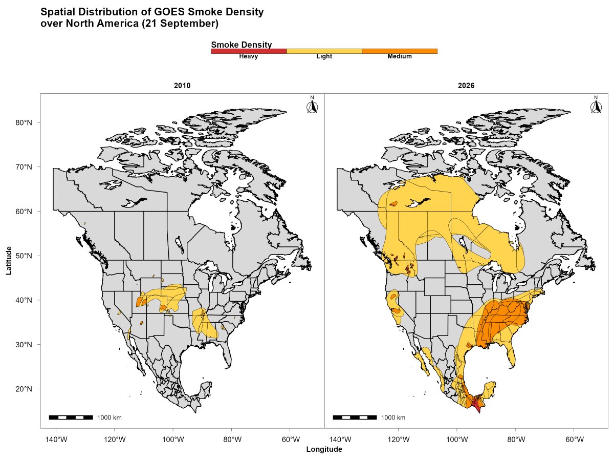 alihassansha12's tweet photo. Expanding Smoke Footprint over North America: GOES Satellite Comparison (2010 vs. 2026) #WildfireMonitoring #SmokeMonitoring #AirQuality #EnvironmentalMonitoring #DisasterRiskManagement #GISConsultant #GISConsulting #RemoteSensingJobs #GISJobs #GeospatialJobs #RemoteGIS #usafirst https://t.co/p65eflkeCU