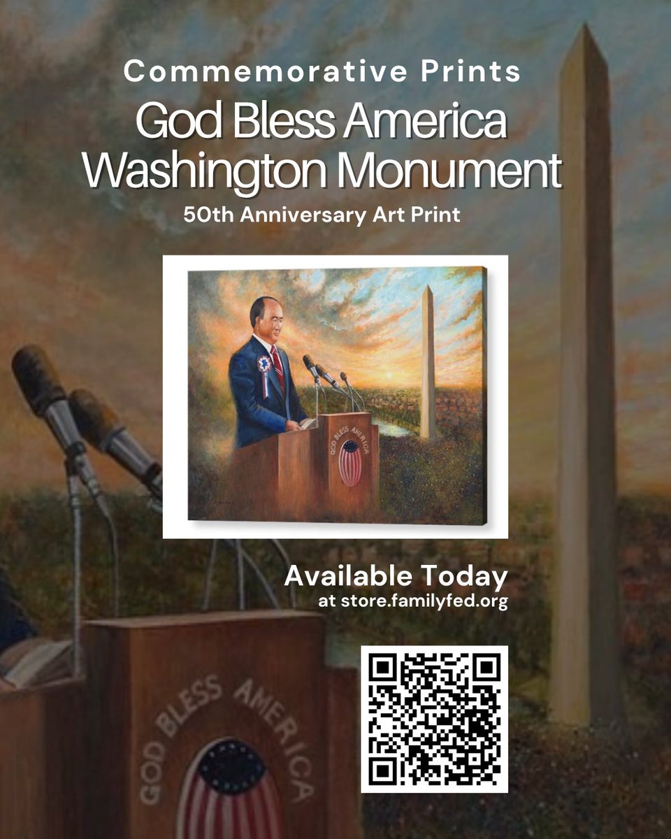 FamilyFedUsa's tweet photo. To commemorate the 50th anniversary of Rev. Sun Myung Moon’s historic 1976 Washington Monument rally, his daughter, artist Un Jin Moon, created an original oil painting that was featured and auctioned during the recent “God’s Hope Is America” gathering at The Washington Times in Washington, D.C.

Prints are now available at https://t.co/nZaPAT1DdE.

#WashingtonMonument #GodsHopeIsAmerica #GodsDreamOneFamily