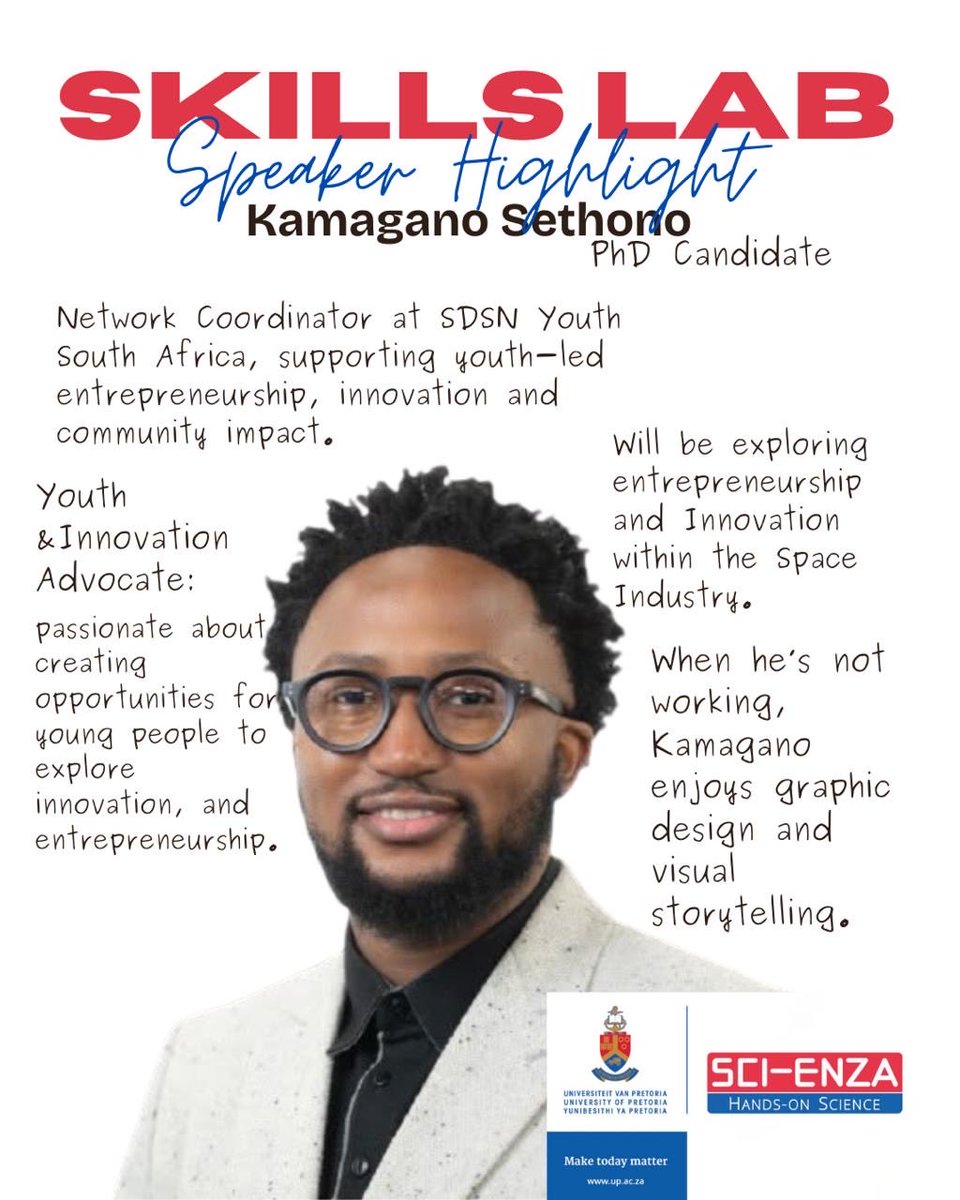 SciEnzaCentre's tweet photo. Meet our Speaker for Skills Lab, Kamagano Sethomo, a PhD Candidate at the University of Pretoria.He is a Network Coordinator at SDSN Youth South Africa, Entrepreneurship and Innovation Facilitator.
We are looking forward to his facilitation on the 2nd of October.
#stemeducation https://t.co/XKwhD0r5lO