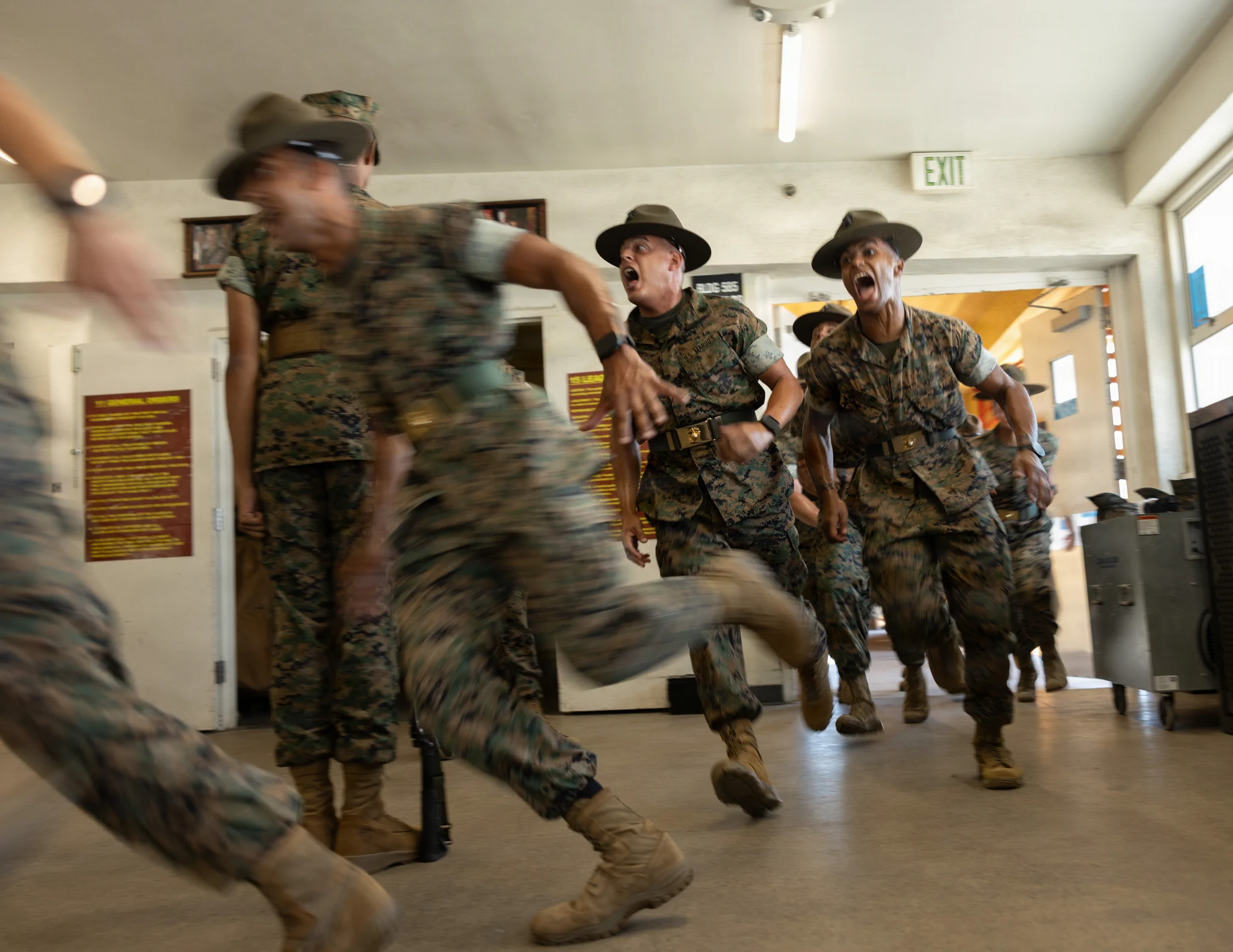 U.S. Marine Corps drill instructors with Lima Company, 3rd Recruit Training Battalion, rush into a squad bay during a Series Commander Inspection at Marine Corps Recruit Depot San Diego, California, Sept. 11, 2026. The Series Commander Inspection is the second in a series of inspections designed to assess a recruit\u2019s knowledge, bearing, and attention to detail. (U.S. Marine Corps photo by Lance Cpl. Rihanna Bryant)
