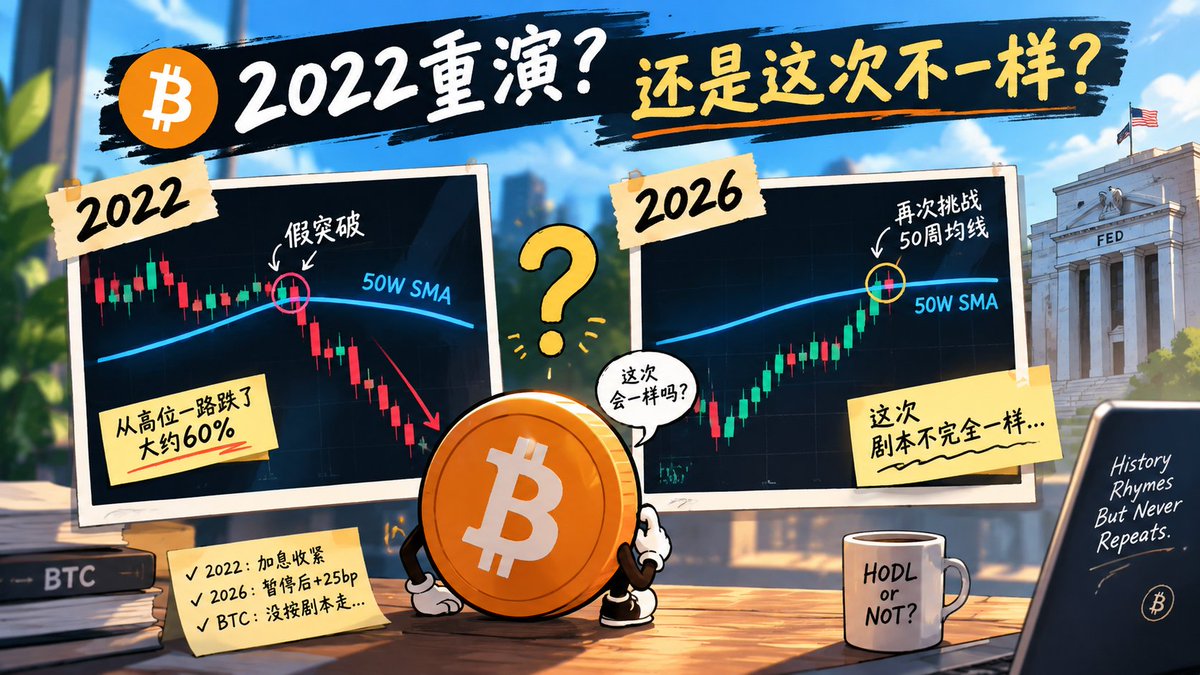 kuw5232's tweet photo. 🚨 BTC这个历史分形，有点意思，但也别太当真😂
刚看到一张图，把 2022 vs 2026 放在一起对比：
2022年，BTC冲到50周均线附近后没站稳，
后面一路折腾，最终从高位继续跌了六成左右。
现在又轮到2026年。
BTC最近也在和 50周均线 来回拉扯。
最有意思的是——
这次剧本不完全一样。
2022年是加息周期一路收紧，
现在则是美联储刚经历长时间暂停后，9月又加了25个基点。
结果BTC没按“加息=暴跌”的剧本走，
反而一路冲到 8.6万附近。
所以我现在更愿意把50周均线当成：
👉 一个需要盯着看的关卡
而不是“碰一下就要跌60%的死亡按钮”。
历史会押韵，
但不会照着剧本把台词念一遍。
这次到底是2022重演，还是历史换个姿势？👀
#BTC #Bitcoin #美联储 #加密货币