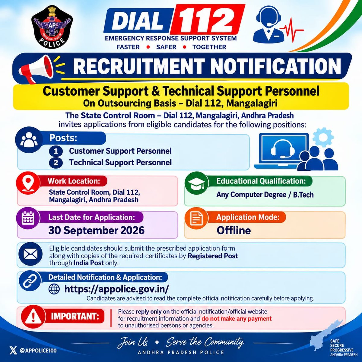 APPOLICE100's tweet photo. 📢 #APPolice Recruitment – Outsourcing Basis

The Andhra Pradesh Police Department has invited applications for the recruitment of Customer Support Personnel and Technical Support Persons on an outsourcing basis.(1/2)

#Recruitment #Jobs #CustomerSupport #TechnicalSupport https://t.co/VEGK7dja5R
