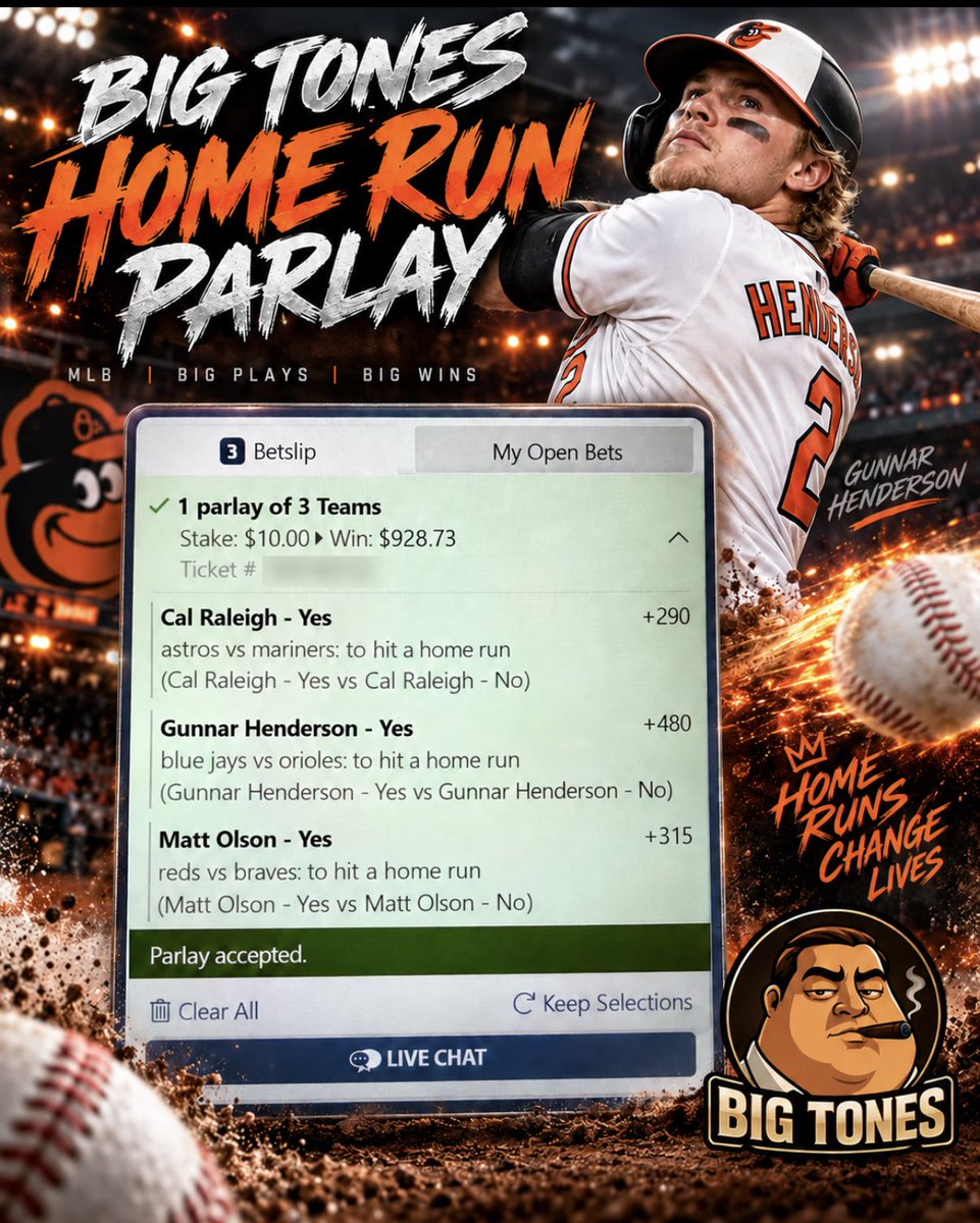 BigToney8's tweet photo. ⚾️ MLB Homerun Lotto ⚾️

Taking each straight + Round Robin 🏟️

$10------>$928🤞🏻

@Playbook link in comments 🔗

#MLBBetting #MLBprops #HomeRunParlay https://t.co/KJ1nTDaAFd