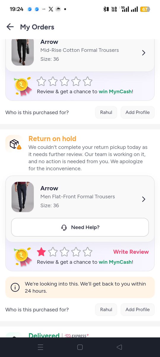 GhoshalDa's tweet photo. @Myntra this is straight up fraud. Return picked up, then returned back to me saying "product ID mismatch" clearly Myntra's own error. Status stuck on "Return on Hold" for 24+ hrs, called + requested callback, ZERO response. Feels like a scam to dodge refunds .  #ConsumerRights https://t.co/i9L9CwL1cc