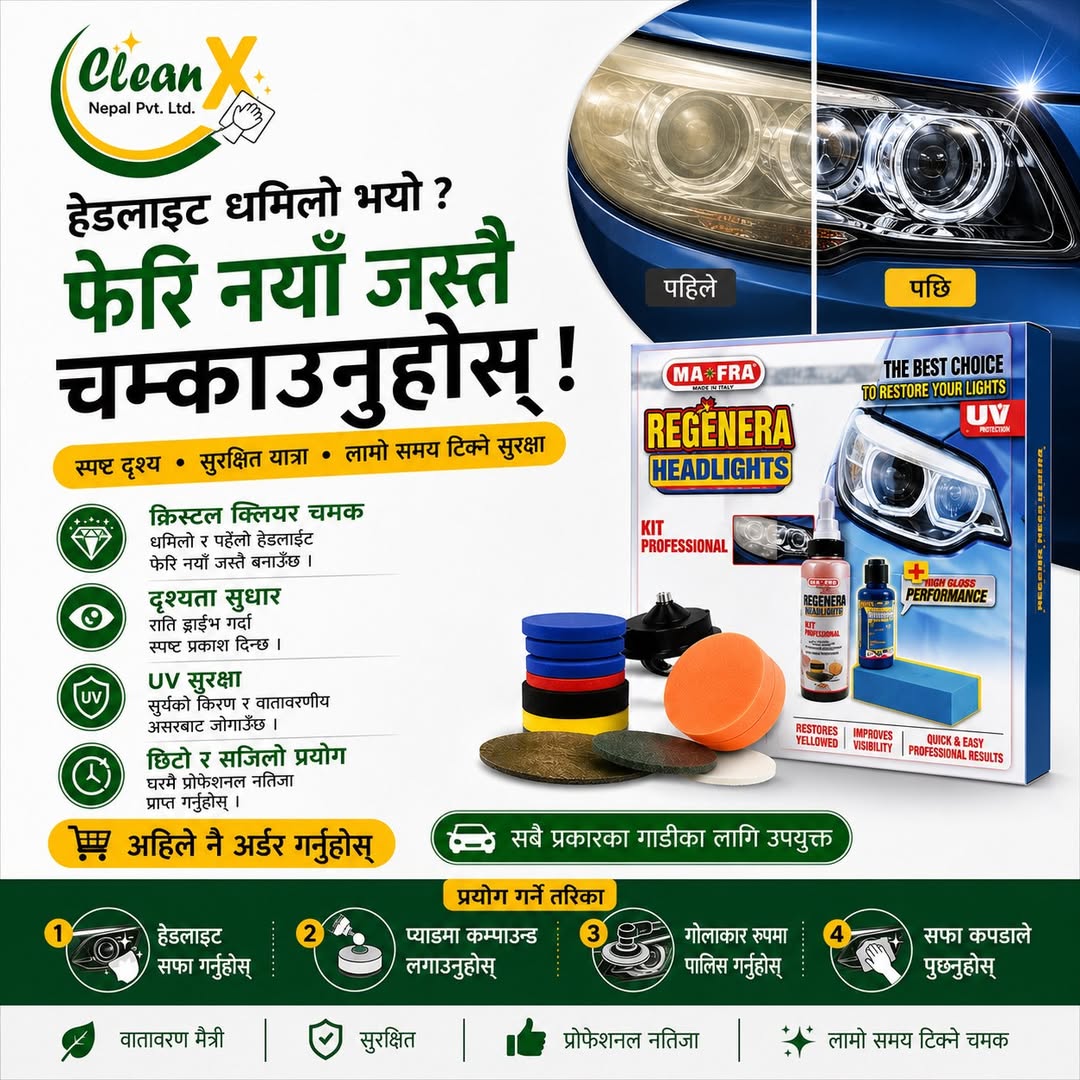 matthcox75835's tweet photo. Cloudy headlights making night driving scary? Ma-Fra REGENERA HEADLIGHTS Kit restores dull, yellowed headlights to like-new clarity with UV protection and easy at-home use. Suitable for all vehicles. Available at CleanX Nepal. https://t.co/fxaJV94Smy