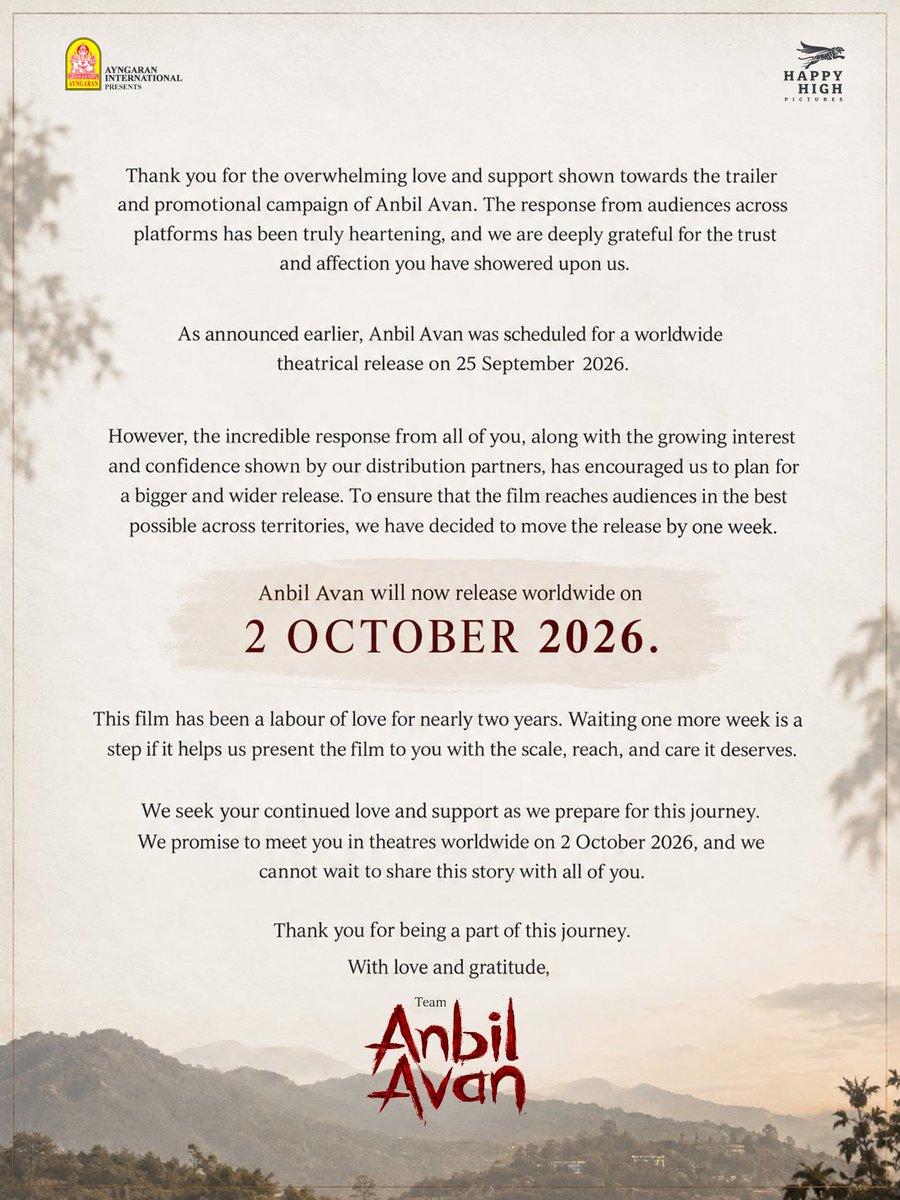 rs_prakash3's tweet photo. Official statement - #AnbilAvan in theatres worldwide on October 2nd.
A bigger and wider release awaits you.
Starring #AshokSelvan @PreityMukundan.
Directed by @Karti6Kane.
A #GovindVasantha Musical.
@Ayngaran_offl @HappyHighPic @proyuvraaj https://t.co/AW5MraC2VK