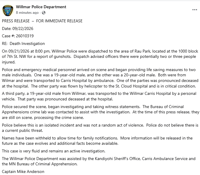 CrimeWatchMpls's tweet photo. TWO DEAD in overnight drive-by SHOOTING at the Kandiyohi County Fairgrounds. Suspects were described as three black males in a black sports car, but a source says they were Somalis. Approximately 30 shots were fired. One person was shot in the chest, one had agonal breathing. There were multiple crime scenes.

Willmar police now confirming one dead, another in critical condition from the on-site injured parties. A third injured party showed up at the hospital and was also pronounced deceased.

Willmar police say the incident "was not random", and there's no danger to the public.

Pic 2: screenshot of related post