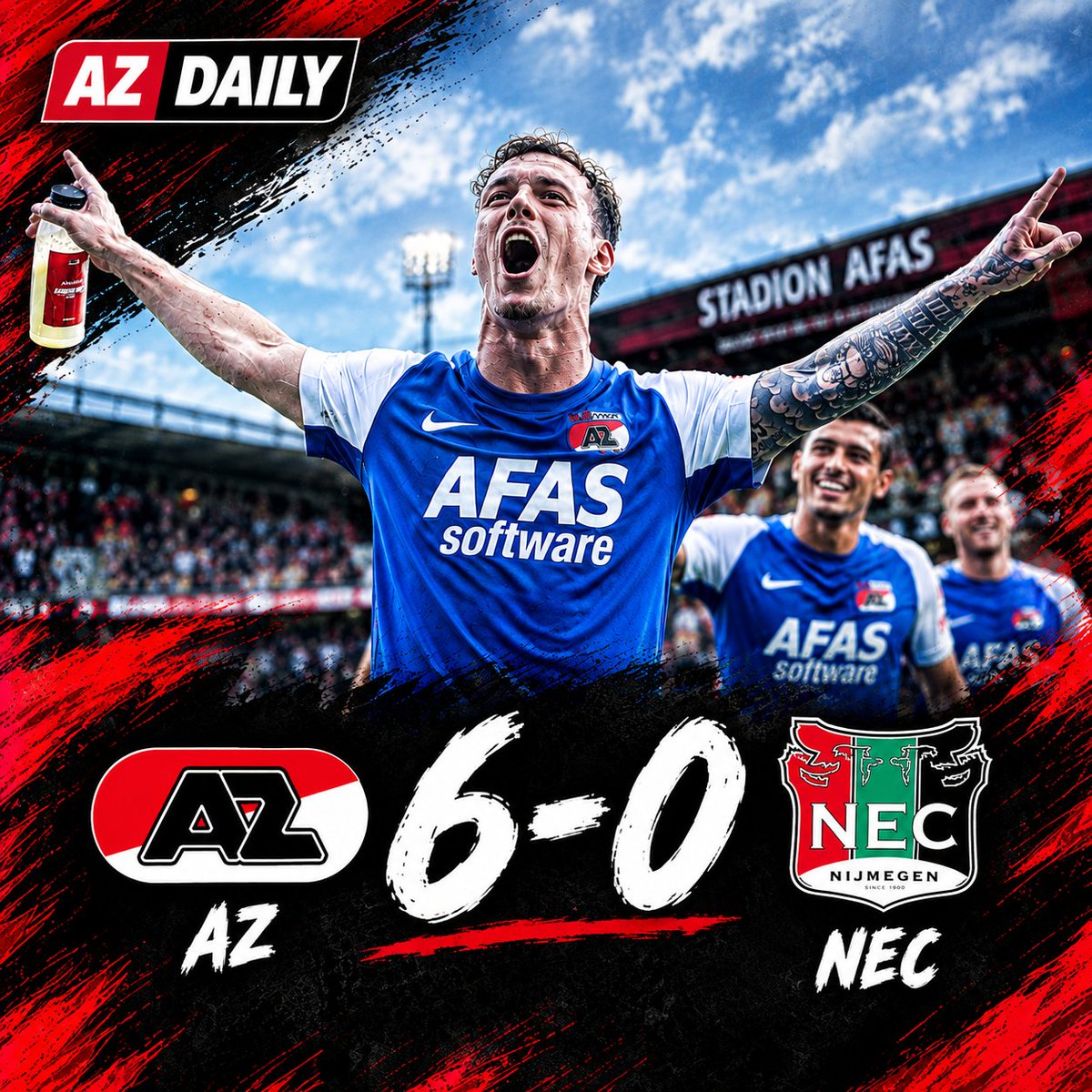 AZDaily072's tweet photo. #AZ wint de oefenwedstrijd tegen #NEC met liefst 6-0! 🔴⚪️

#Bouziane, #Kasius (2x), #Hornkamp (2x) en #Oerip waren trefzeker. Bij rust stond het al 5-0.

#AZNEC #Eredivisie https://t.co/BZraNgT5QU