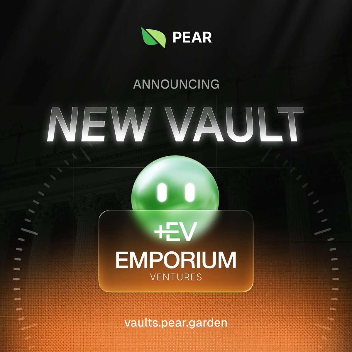 pear_protocol's tweet photo. We're excited to announce our first external vault manager using Pear Vaults.

Emporium Ventures is launching their S&amp;P 500 of Crypto strategy. Refined over 2 years, the strategy boasts an average 60% APR.

Get in quick, as there's a mere $150k vault cap.

https://t.co/vFXfijy9pZ https://t.co/mx8mHAPpnz