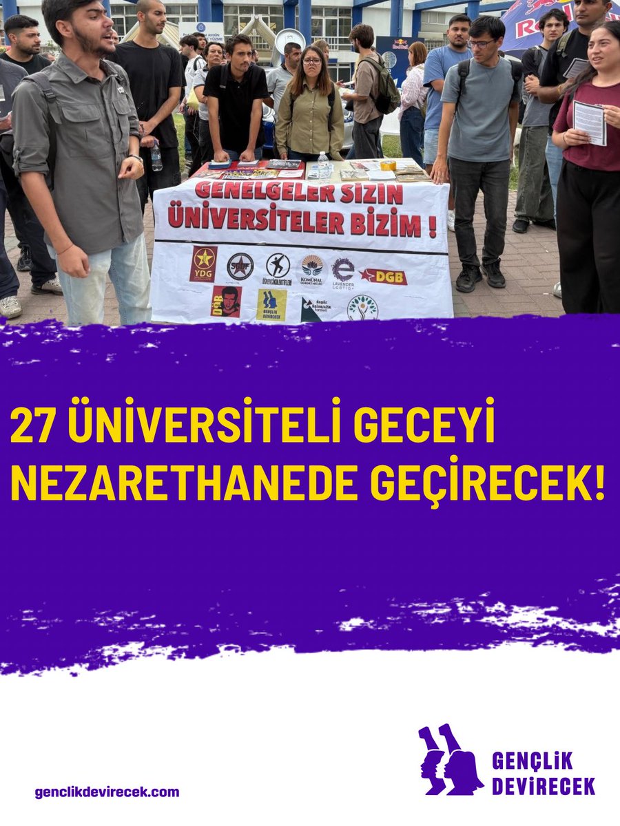 gdevirecek's tweet photo. 27 ÜNİVERSİTELİ GECEYİ NEZARETHANEDE GEÇİRECEK!

Ege Üniversitesi’nde İçişleri Bakanlığı’nın “Terörsüz Türkiye” söyleminin arkasına sığınarak yayımladığı, öğrencilerin kampüs içinde her anının izlendiği genelgeye karşı stant açmak isteyen; polis ve ÖGB şiddetine karşı direnen, aralarında 3 yoldaşımızın da bulunduğu 27 mücadele arkadaşımız hakkında mevcutlu kararı verildi.

Yükselen üniversite hareketinin önüne geçmeye çalışan iktidara, bulunduğumuz hiçbir alanda geçit vermeyeceğiz. Ne gözaltılarınız ne de baskılarınız bizi mücadelemizden vazgeçirebilir.

Gözaltındaki arkadaşlarımızı da geri alacağız, mücadeleyi daha da güçlü yükseltmeye devam edeceğiz!