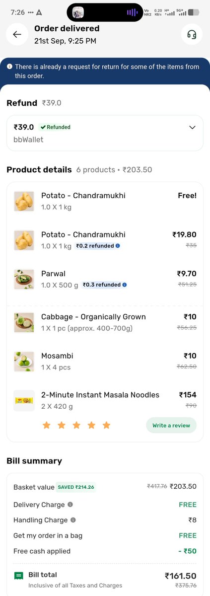 _roy_aditi_'s tweet photo. @bigbasket_com BNN-2108763757-20260921. 1 packet of Maggi was delivered in damaged condition.I returned it and was supposed to receive the refund of Rs. 58/- instead of Rs. 77/- because I applied Rs. 50/- free cash on the entire order. However I have received only Rs. 39/-. Why? https://t.co/gLproYoNHX