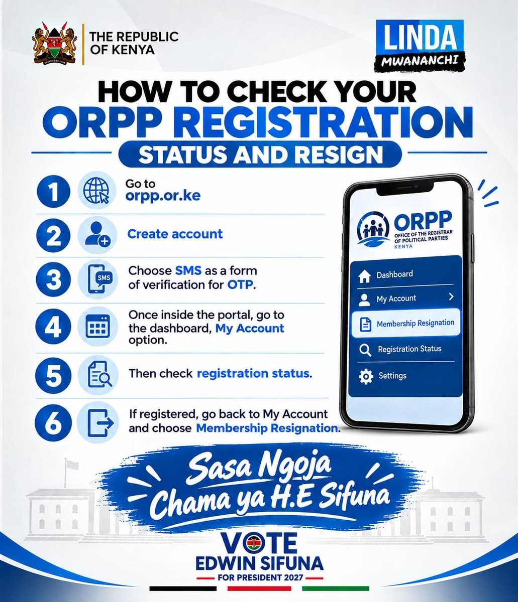 abbiezuena's tweet photo. Go to https://t.co/InL1YuioUT
Create account 
Choose sms as a form of verification for OTP
Once inside the portal, go to the dashboard, my account option
Then check registration status
If registered, go back to my account and choose membership resignation.

Then Ngojea Chama Cha H.E Sifuna!! 

Hii maneno ya kupeana details zako just anywhere, iko mtu amejipata UDA na alikuwa ame resign from ODM when they removed H.E from the S.G position. Tukae rada!

Sifuna the 6th!